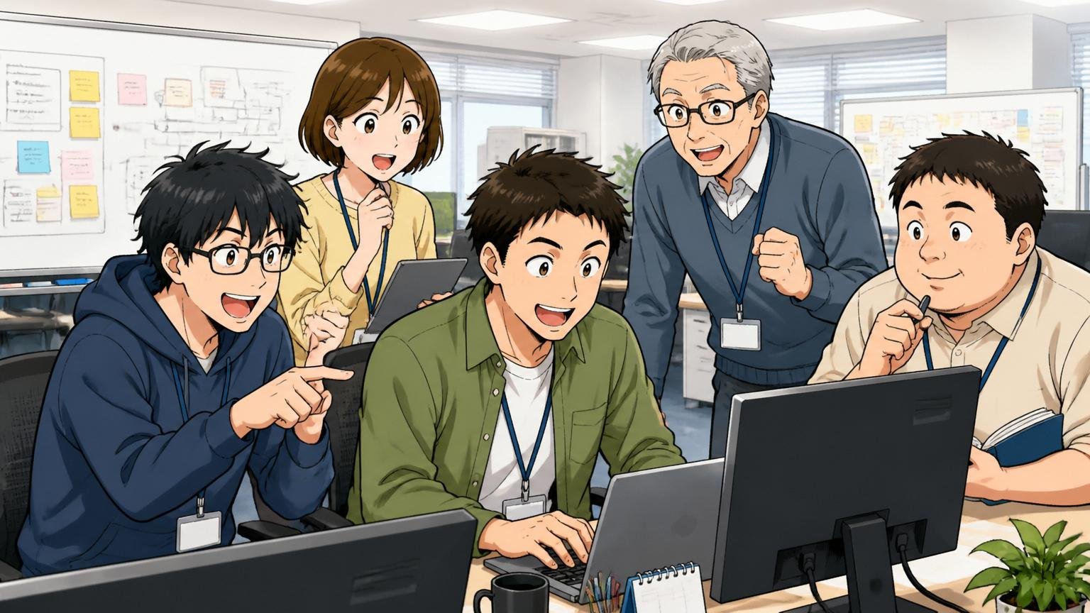 SIerの開発現場で多様な世代のエンジニアたちが穏やかに協力して業務を進めている