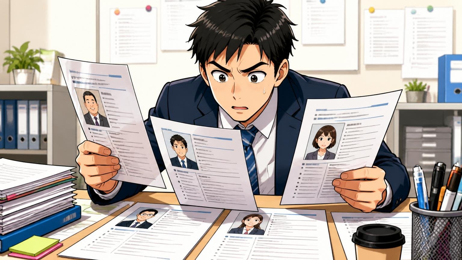 企業の人事部の机で複数の職務経歴書を採用担当者が比較する場面