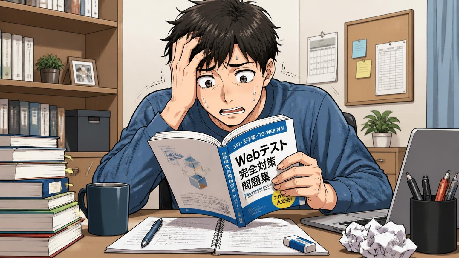 パターン③SPI／Webテスト対策の不足。自宅のデスクで20代後半男性1人がWebテスト対策本を開いている