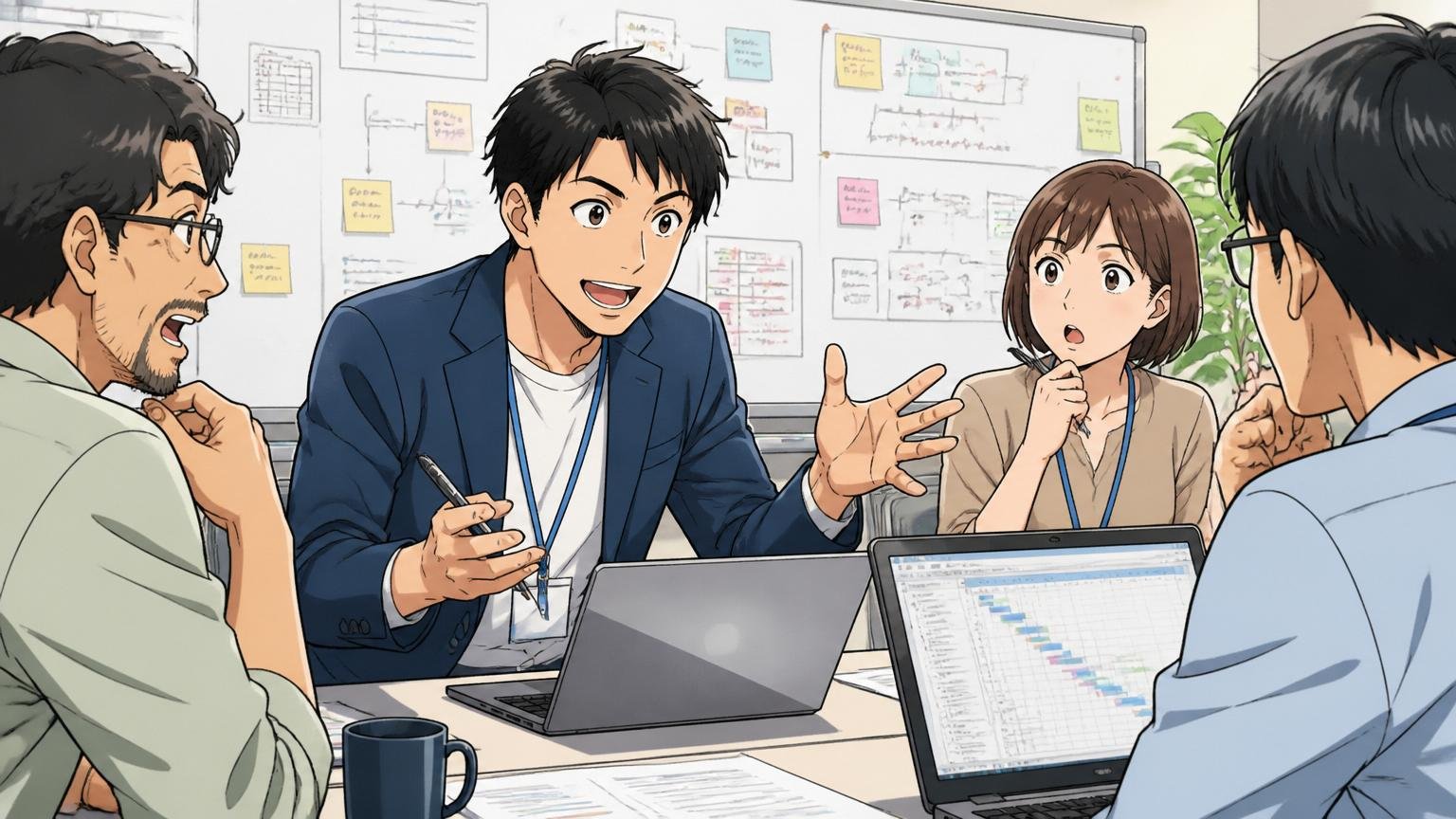 SIerの開発現場で、30代男性エンジニアが協力会社のメンバーと進捗会議をしている様子