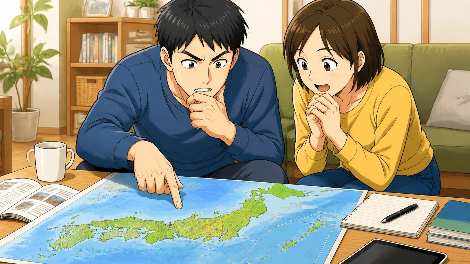 自宅のリビングで日本地図を見ながら勤務地を考える応募者1人、配偶者と思われる人物が隣にいる