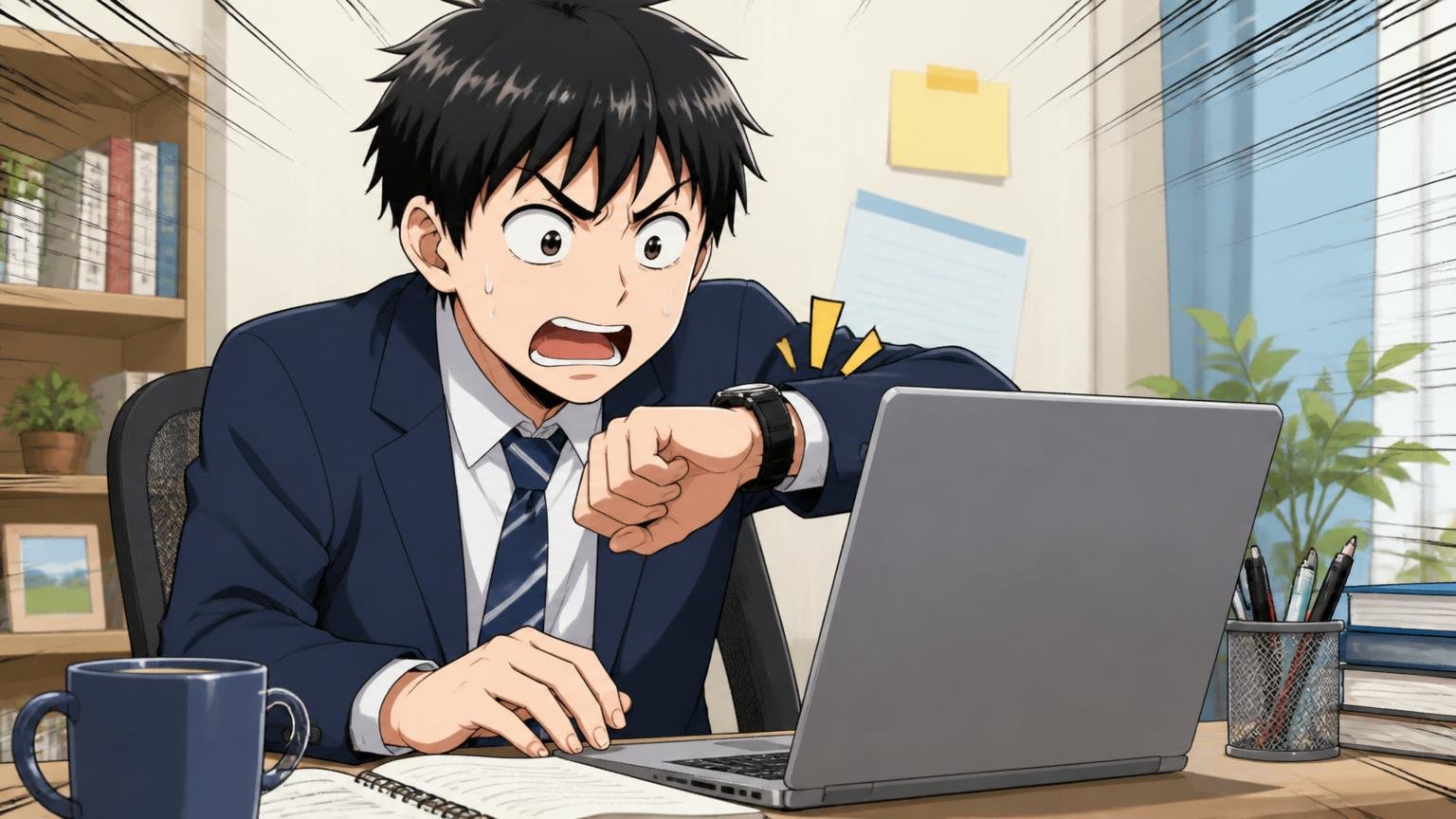 自宅のデスクで在宅勤務の就活生1人がノートPCの玉手箱画面を前に時計を気にしながら焦る