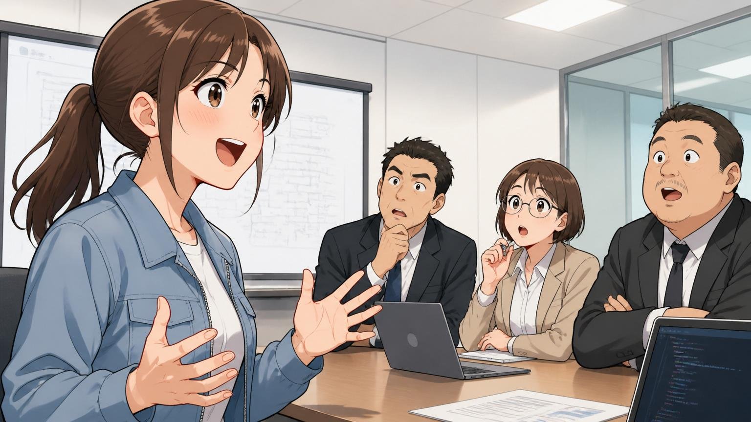 強みを自分の言葉で語る。企業の会議室で女性エンジニアが面接官に熱意を持って話す表情