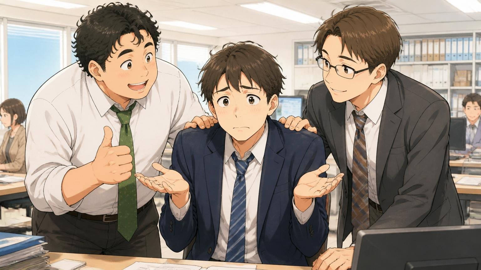 タイミングや相性で落ちることもある オフィスで肩をすくめる若手と励ます先輩2人、やわらかい表情