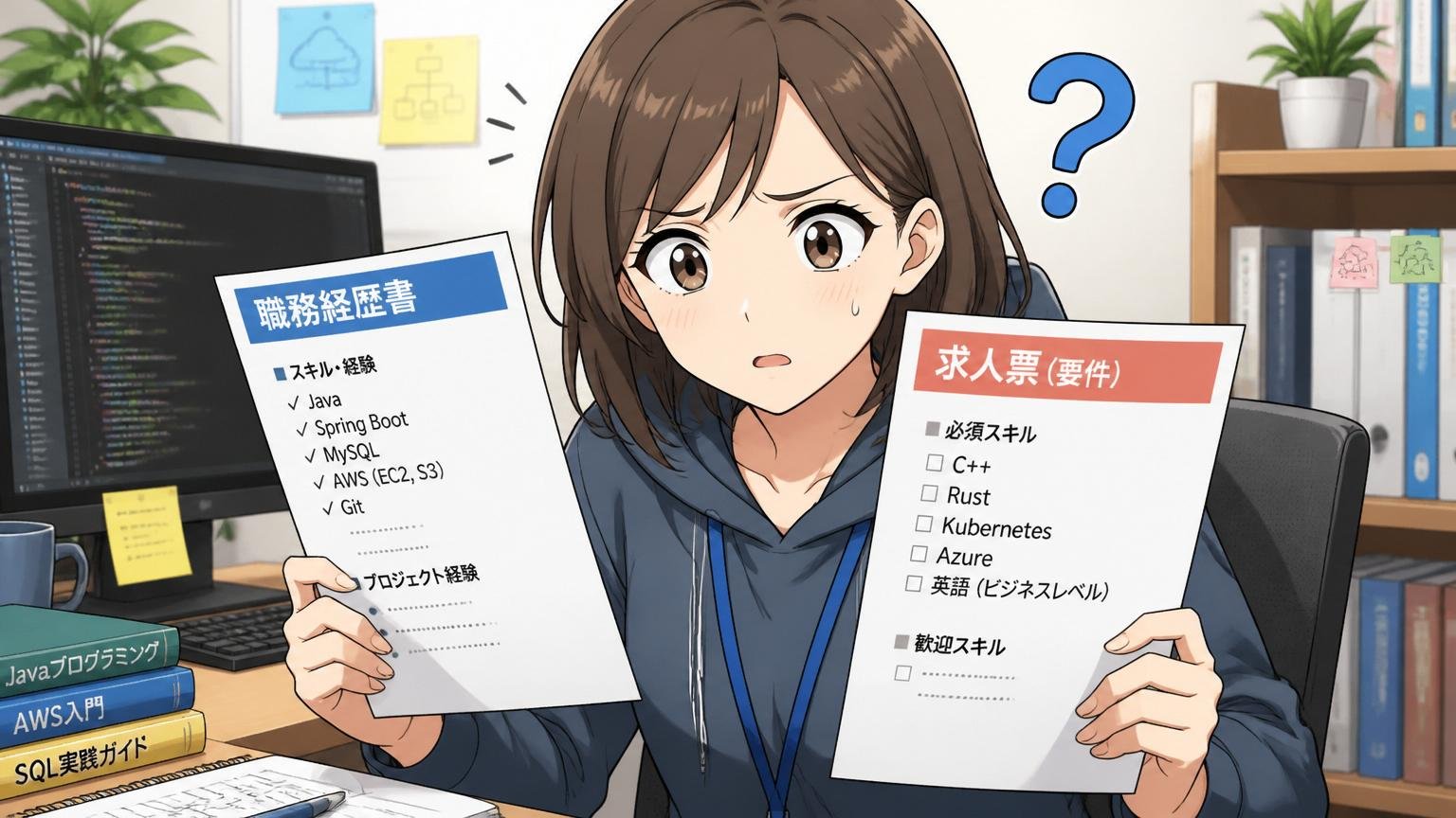 経験と求人要件のミスマッチ。求人票を見比べて首をかしげる女性エンジニア