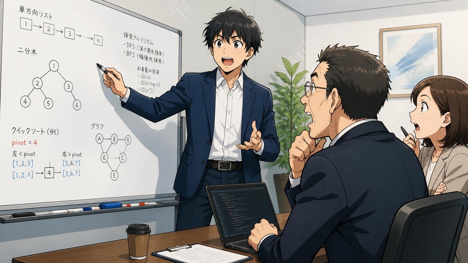 技術面接でホワイトボードに向かい質問に答えようとするエンジニアのIT企業の面接室シーン