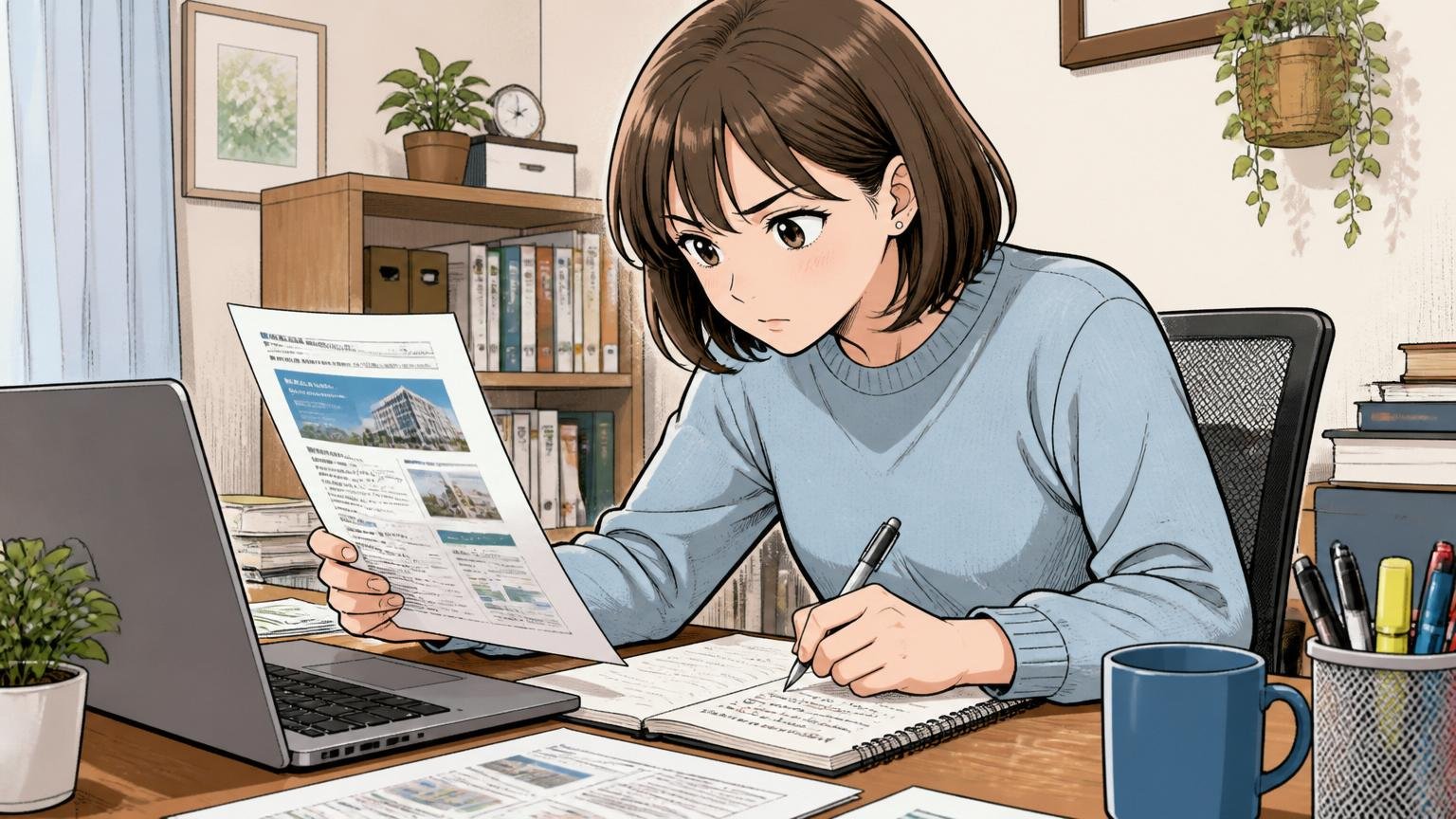 自宅のデスクで企業サイトを調べノートに書き込む30代女性、真剣な表情で資料を見る一人のシーン