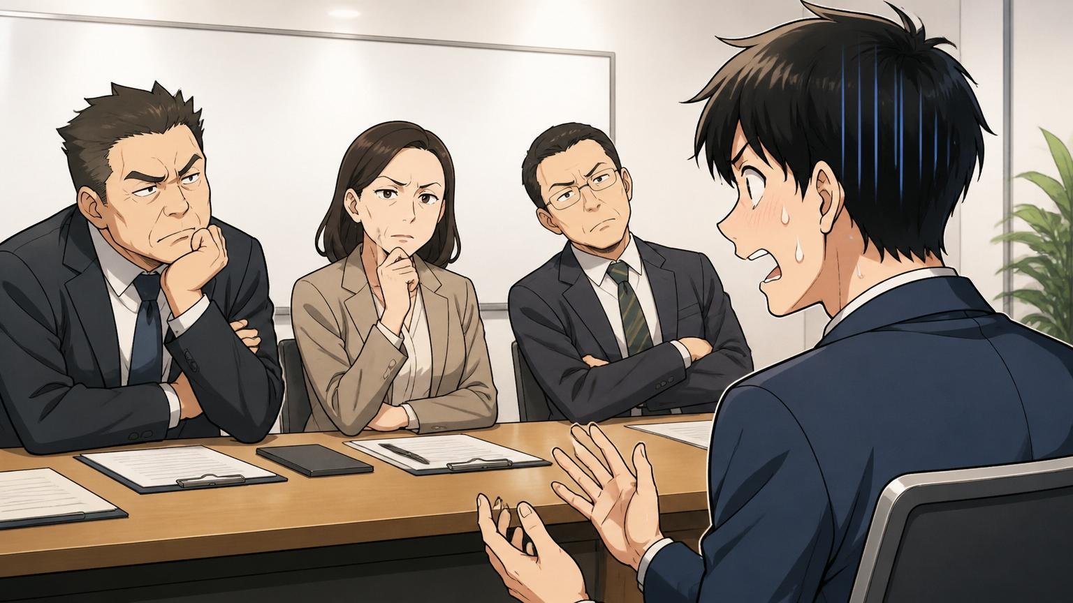面接で落ちた原因 SIerの会議室で中途応募の30代男性が面接官の質問に言葉に詰まる