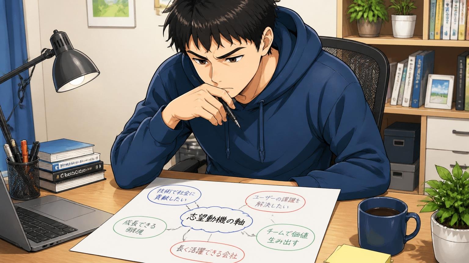 志望動機の軸を紙に書き出して整理する20代エンジニア、自宅のデスクでペンを持ち考え込む