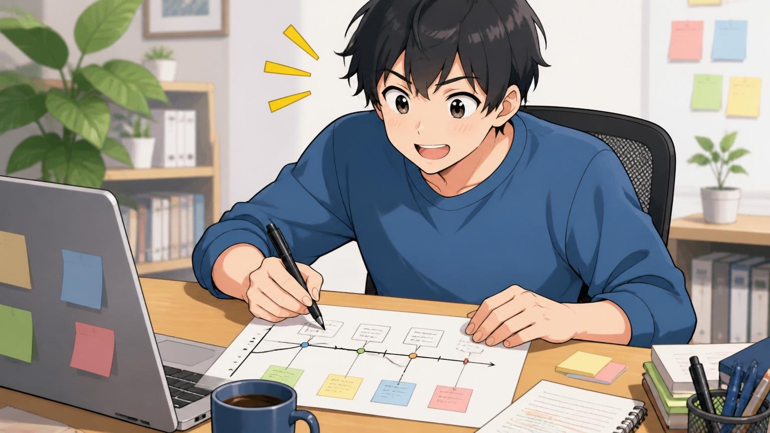 自宅のデスクで面接課題のプレゼン資料を作る求職者、在宅勤務の20代男性がモチベーショングラフを書く様子