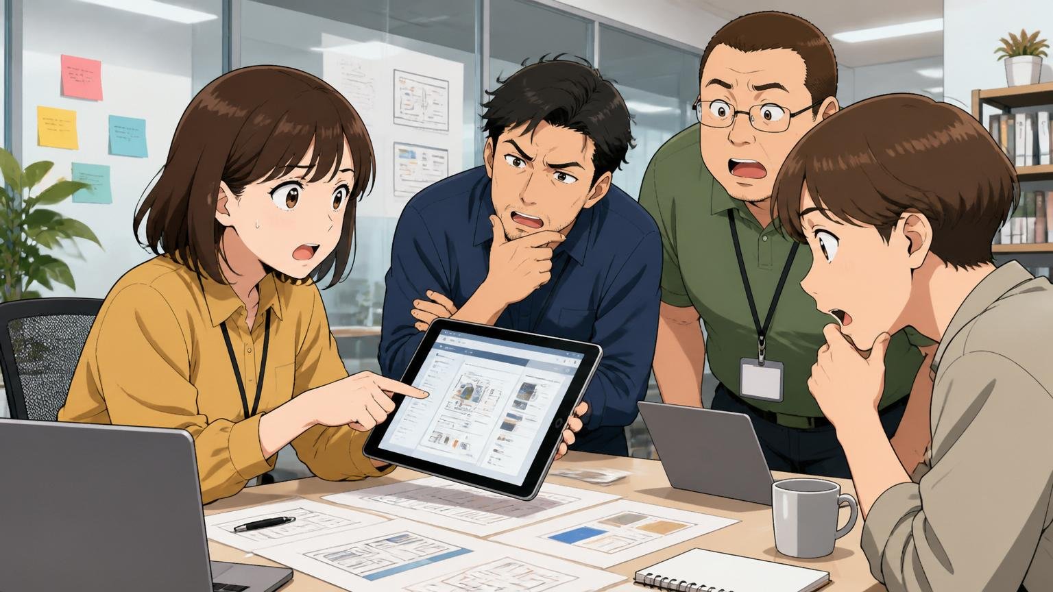 Web系スタートアップのオフィスでポートフォリオの制作意図を深掘りされるデザイナー職の女性