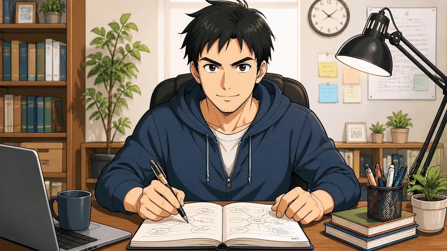 自宅のデスクで気持ちを切り替え落ち着いて自己分析を始める30代男性エンジニア、ノートを開き前を向いた表情