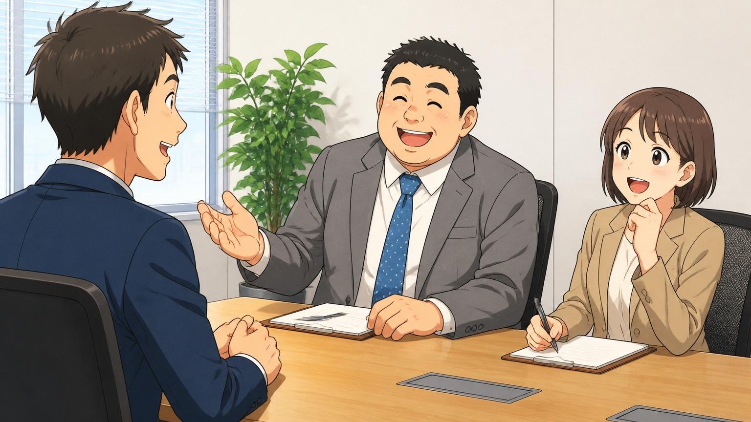 和やかな雰囲気の面接で応募者と面接官が会話する、企業の会議室で穏やかに談笑する3名の様子