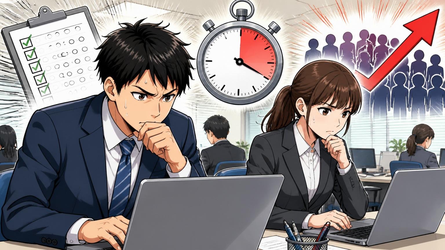 適性検査とタイミングと倍率。SIerのオフィスで適性検査を受ける応募者2人が集中した表情