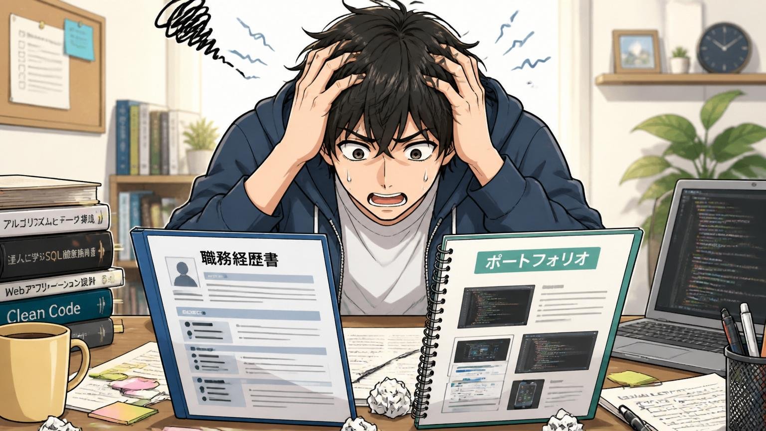 自宅のデスクで職務経歴書とポートフォリオを見比べながら頭を抱える20代男性エンジニアの場面
