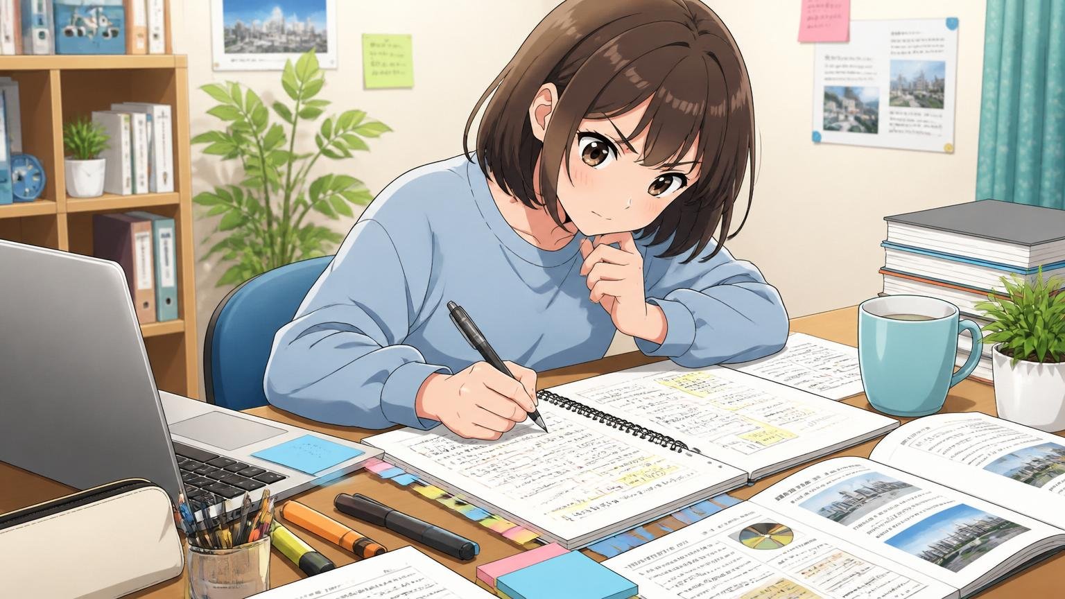 志望動機を練り直す女性、自宅デスクで企業研究のメモを書く