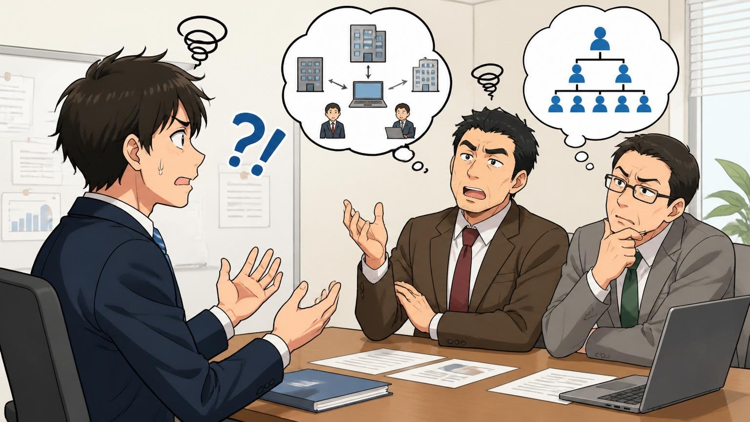 原因③SESへの理解不足によるミスマッチ、企業の会議室で価値観のズレを感じる応募者と面接官2人、すれ違う表情