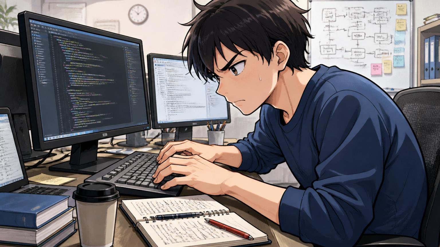 適性検査・技術力で落ちた原因。開発現場でコーディングテストに集中して向き合う20代若手男性エンジニア
