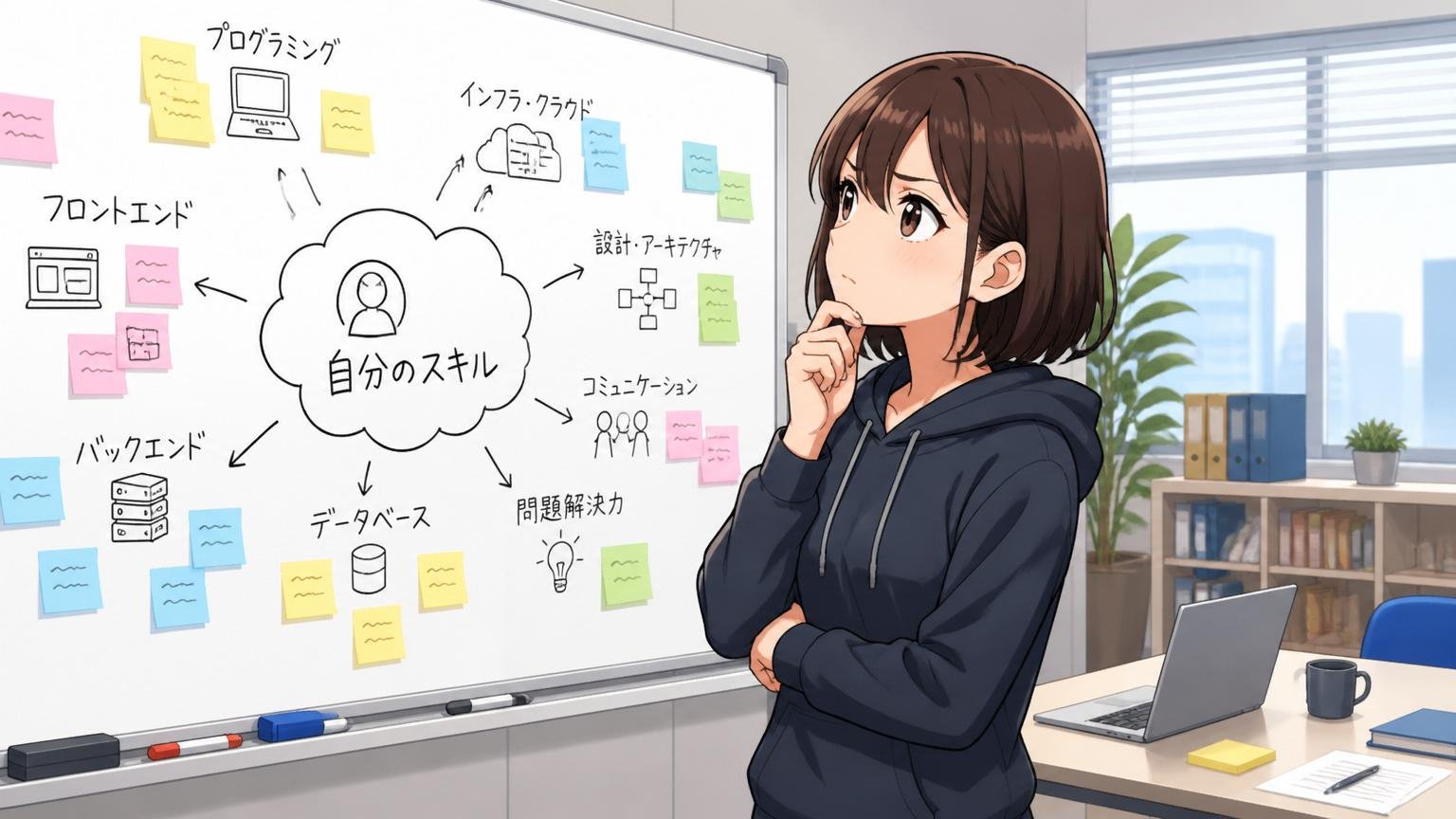 企業の会議室で自分のスキルを書き出して棚卸しする女性エンジニア1人がホワイトボードの前で考える