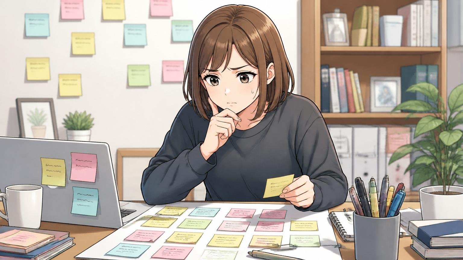 自己分析やキャリアの言語化が浅い。自宅のデスクで付箋を貼りながら自己分析する30代女性エンジニアが考え込む