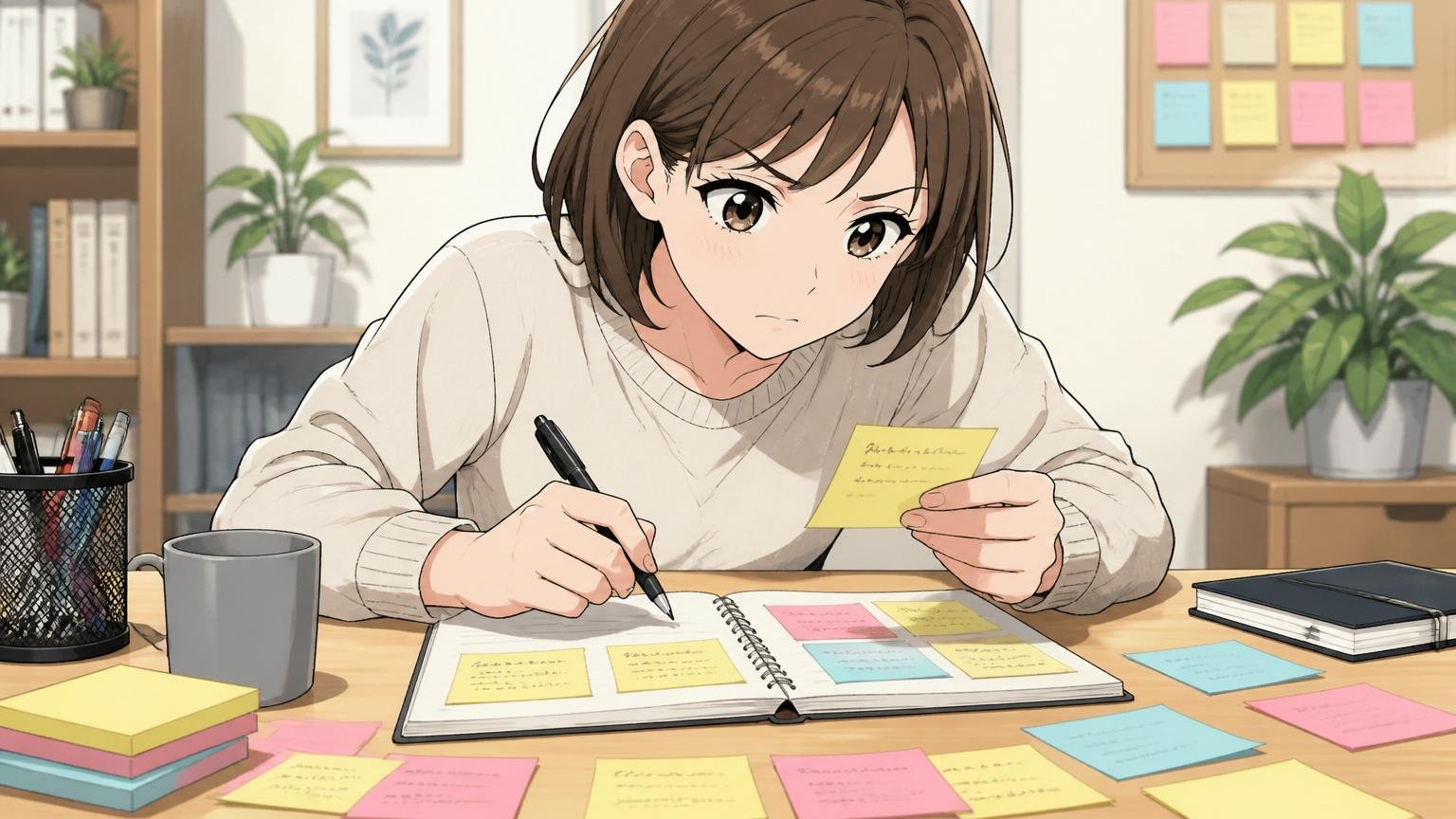 自宅のデスクで付箋とノートに落ちた原因を書き出して整理する集中した表情の30代女性