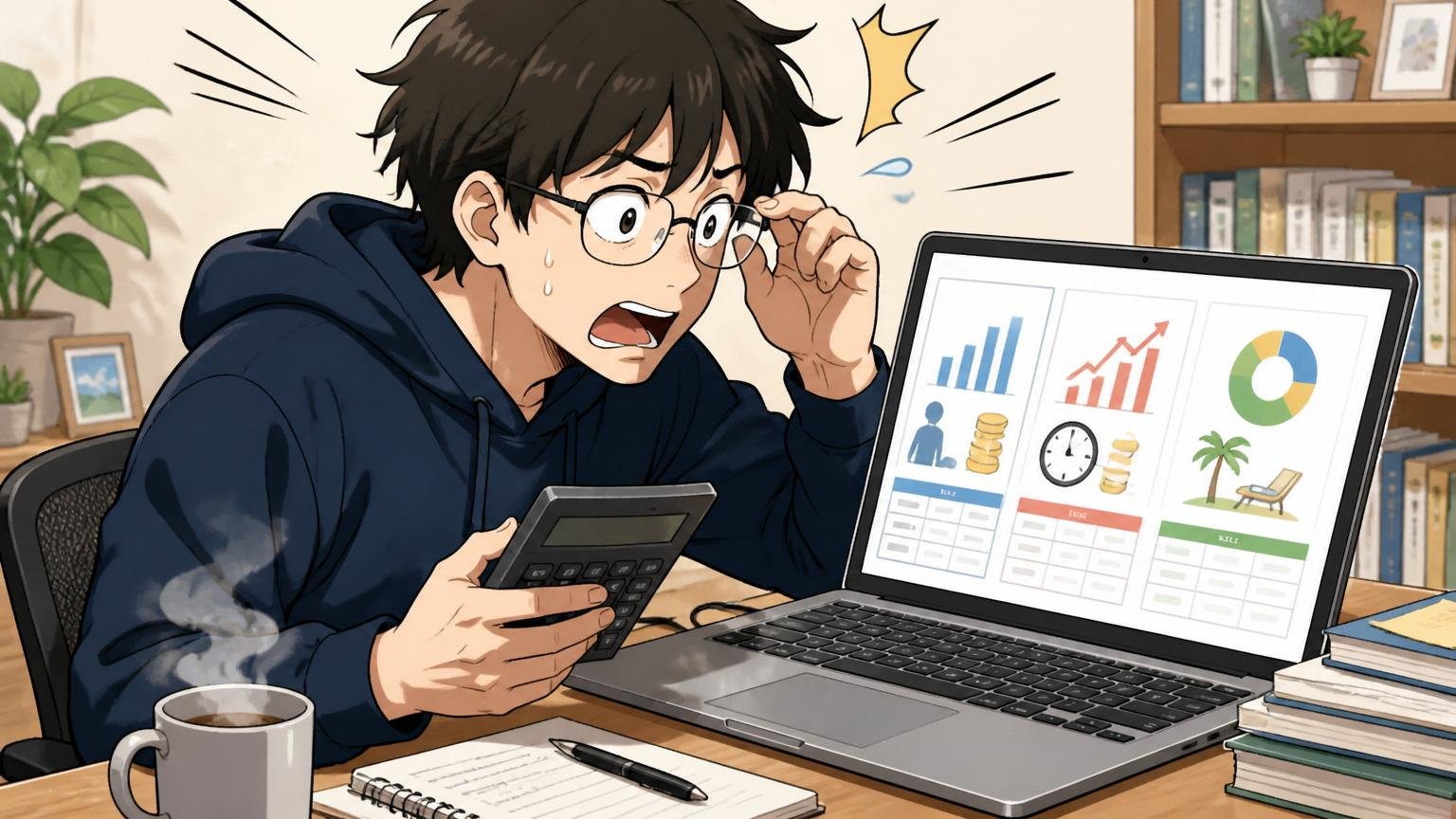 自宅のデスクで在宅勤務中、ノートPCの画面に表示された年収・残業・有給データを電卓を片手に確認する30代エンジニア