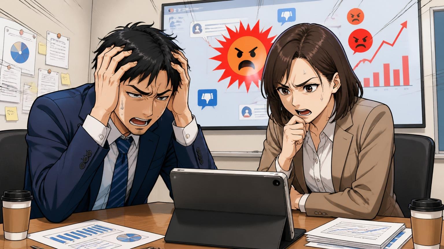 SNSが大炎上したことに頭を抱え会議室でタブレットを前に深刻な顔で議論する人事担当の30代男女社員2人