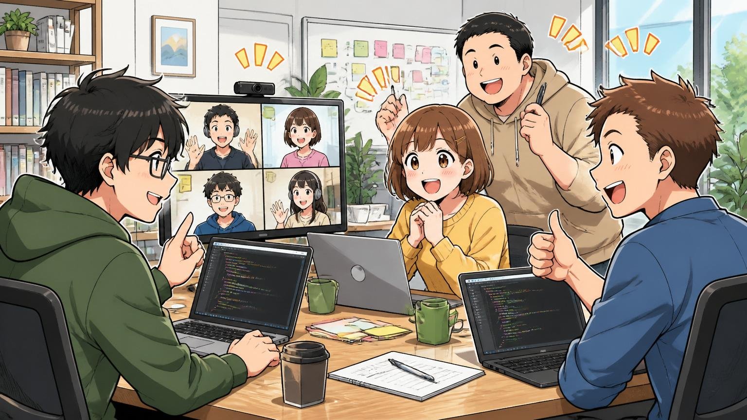 快適に働くエンジニアたち｜Web系企業のオフィスで複数人が笑顔でリモート会議や勉強会をしている
