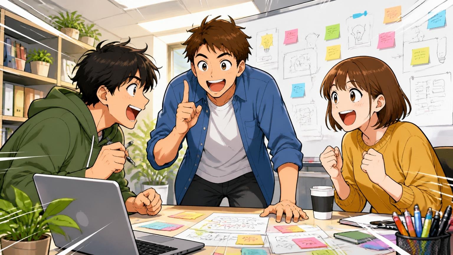 ベンチャー企業のオフィスで若手社員3人が新しい企画に挑戦し、活気ある笑顔で議論する