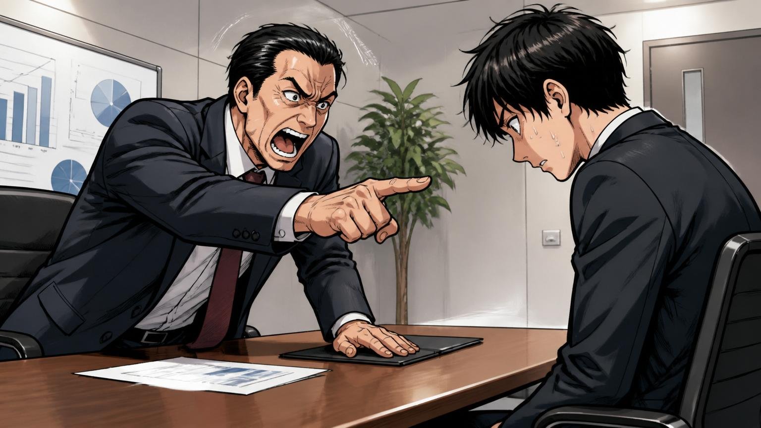 人を選ぶ成果主義の会社、企業の会議室で上司1人が部下1人に厳しい評価を伝える緊張した場面