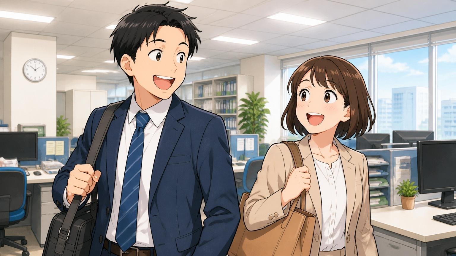 労働環境は悪くない。明るいオフィスで定時に退社し、笑顔で帰り支度をする会社員2人