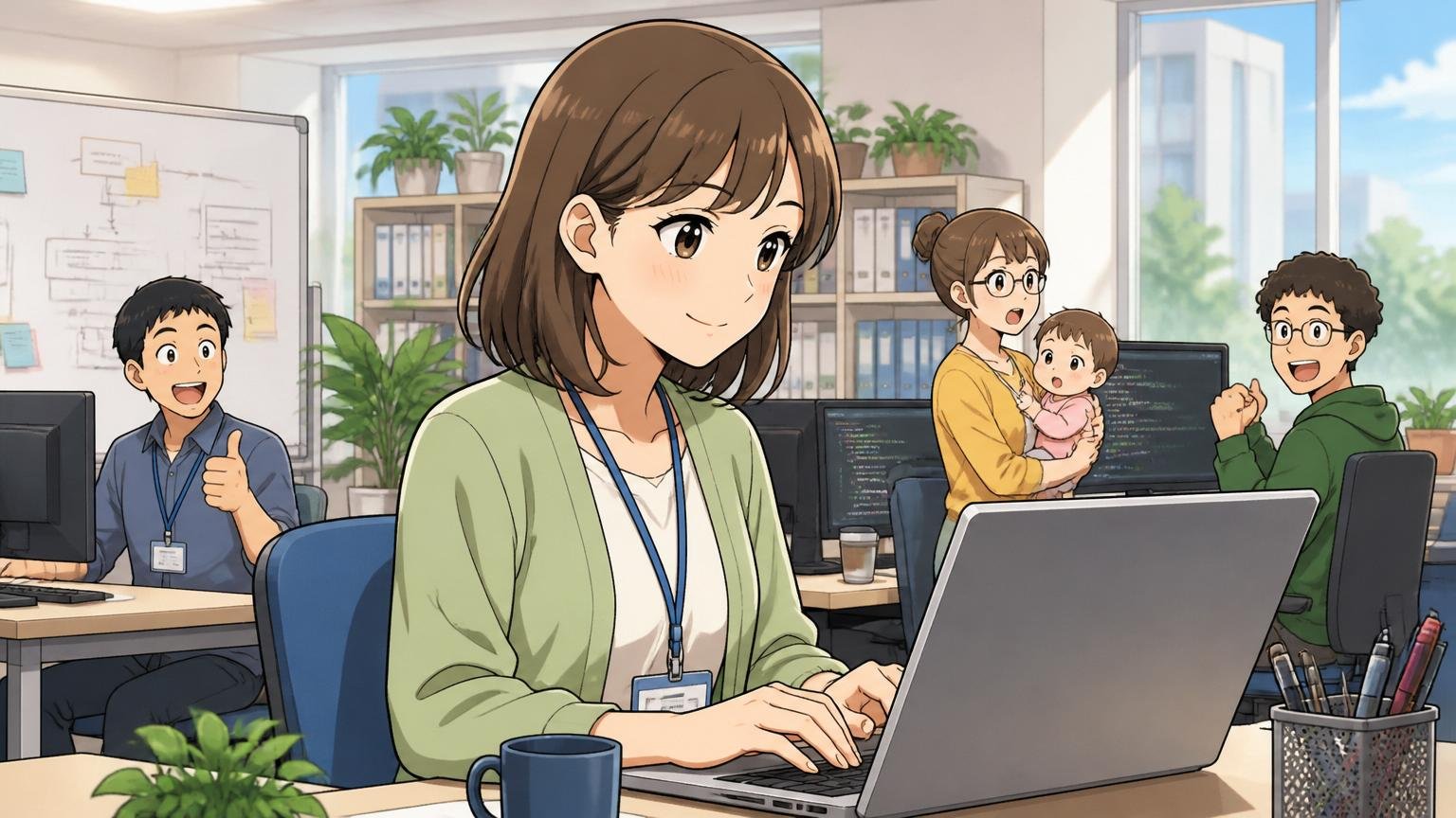 ライフイベントと両立して働く女性エンジニア、IT企業のオフィスで女性社員が穏やかな表情で働く