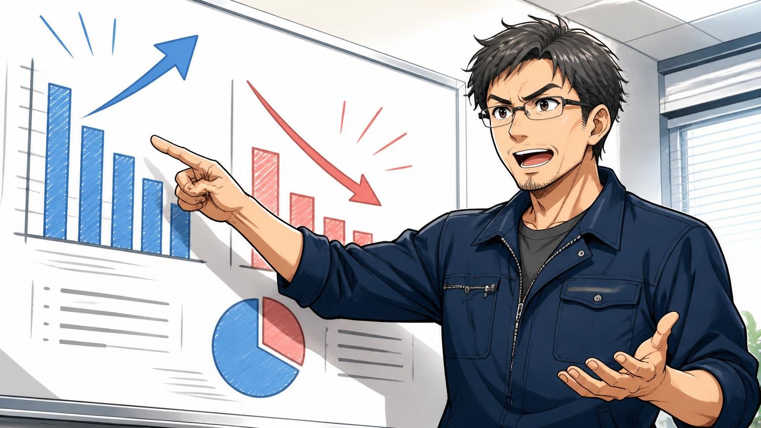 数字で見る強みと弱み、会議室でホワイトボードのグラフを指し説明する40代男性エンジニア1人