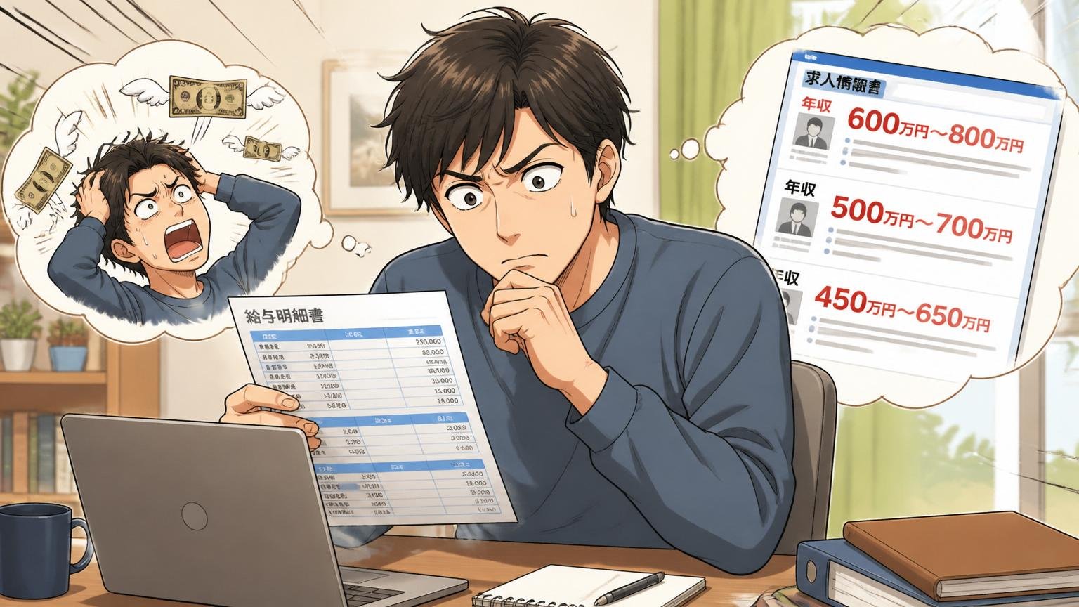 年収のリアル出典で大きく開く理由 自宅のデスクで在宅勤務の人が給与明細と求人情報を見比べ考え込む表情
