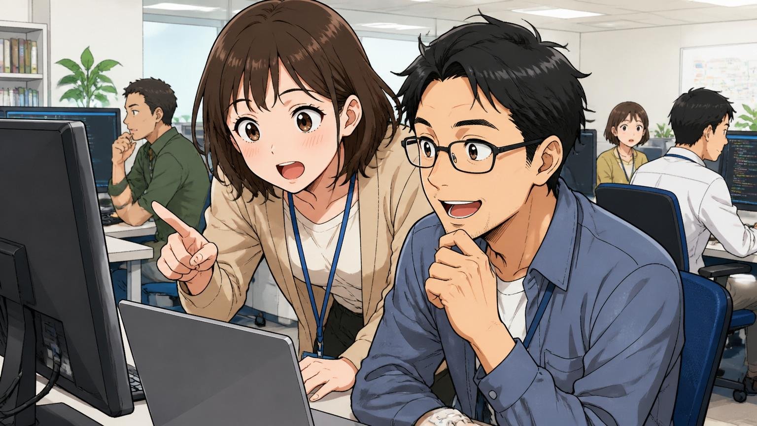 やばいは会社か相性か。SIerのオフィスで中堅女性エンジニアが先輩男性に身を乗り出して質問し、ハッと納得した表情を見せる
