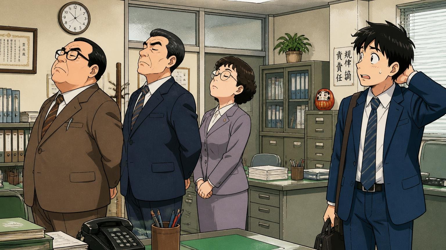 昭和的・お堅い社風という声、古風なオフィスで朝礼に並ぶ社員3人と戸惑う若手1人