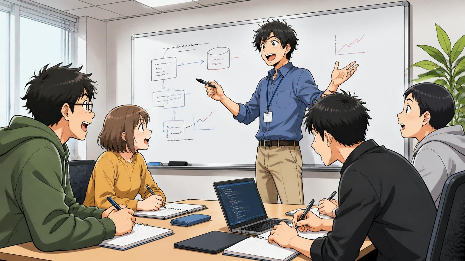 企業の研修ルームでホワイトボード前の講師1人と熱心にノートを取る20代エンジニア4人の研修風景
