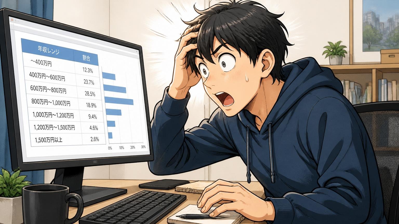 エンジニアとしての年収はどう見るべきか。自宅デスクで在宅勤務のエンジニア1人が年収表を見て驚く表情