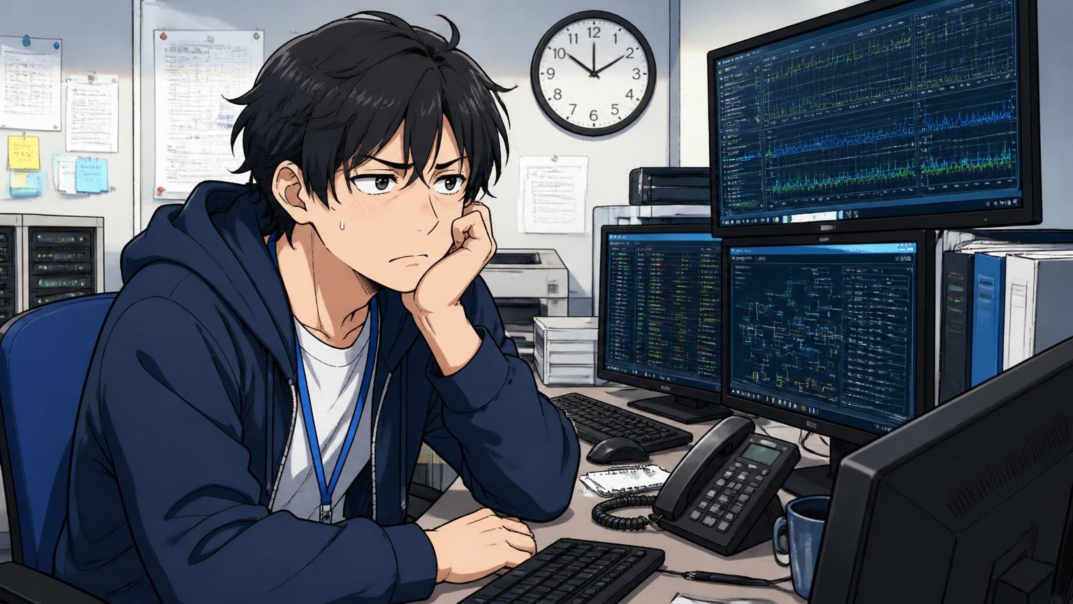 運用保守中心で開発スキルが伸びにくい。運用現場のデスクで本当はコードを書きたいのに監視作業をする20代エンジニア1人が複雑な表情