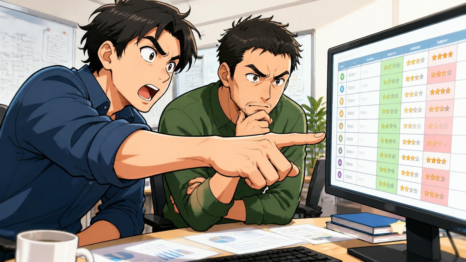 口コミ評価スコアの強みと弱み オフィスで評価項目の一覧表を指さしながら2人のエンジニアが真剣に分析している