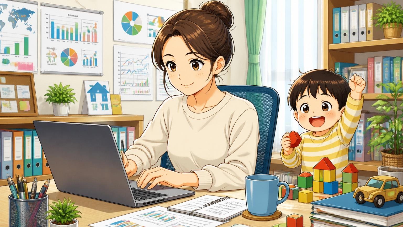 育児・働き方支援のデータ。在宅勤務の自宅デスクで仕事と育児を両立する女性エンジニアが穏やかな笑顔