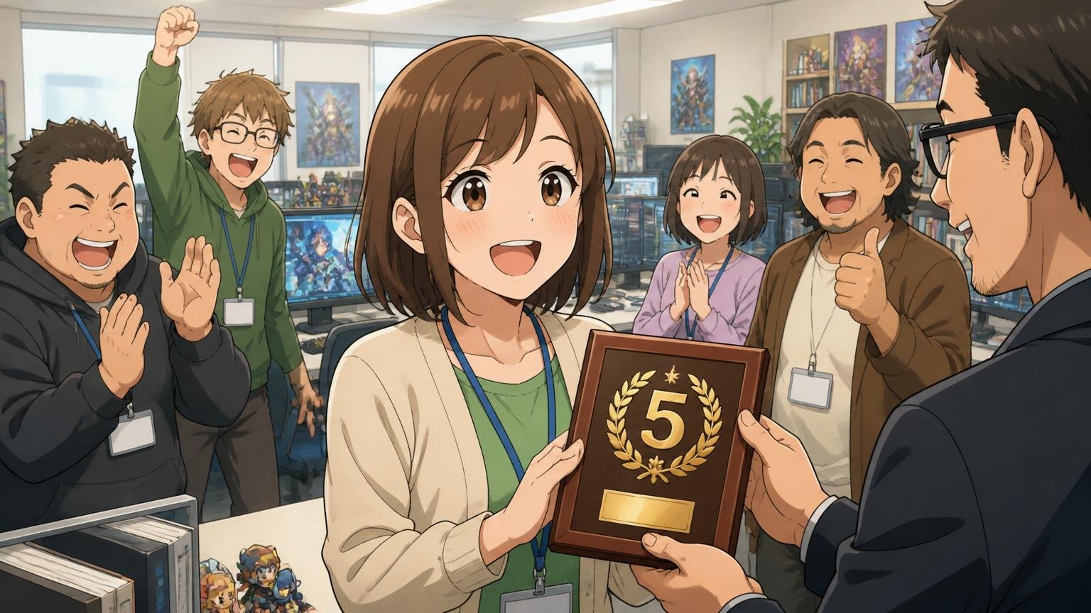 人員定着。中堅ゲーム会社のオフィスで5年表彰の盾を渡されて笑顔の女性社員1人