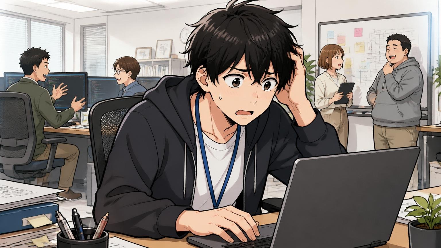 研修なしで初日から実務という声、Web系スタートアップのオフィスで入社初日のパソコンに向かう20代エンジニア1人、戸惑った表情