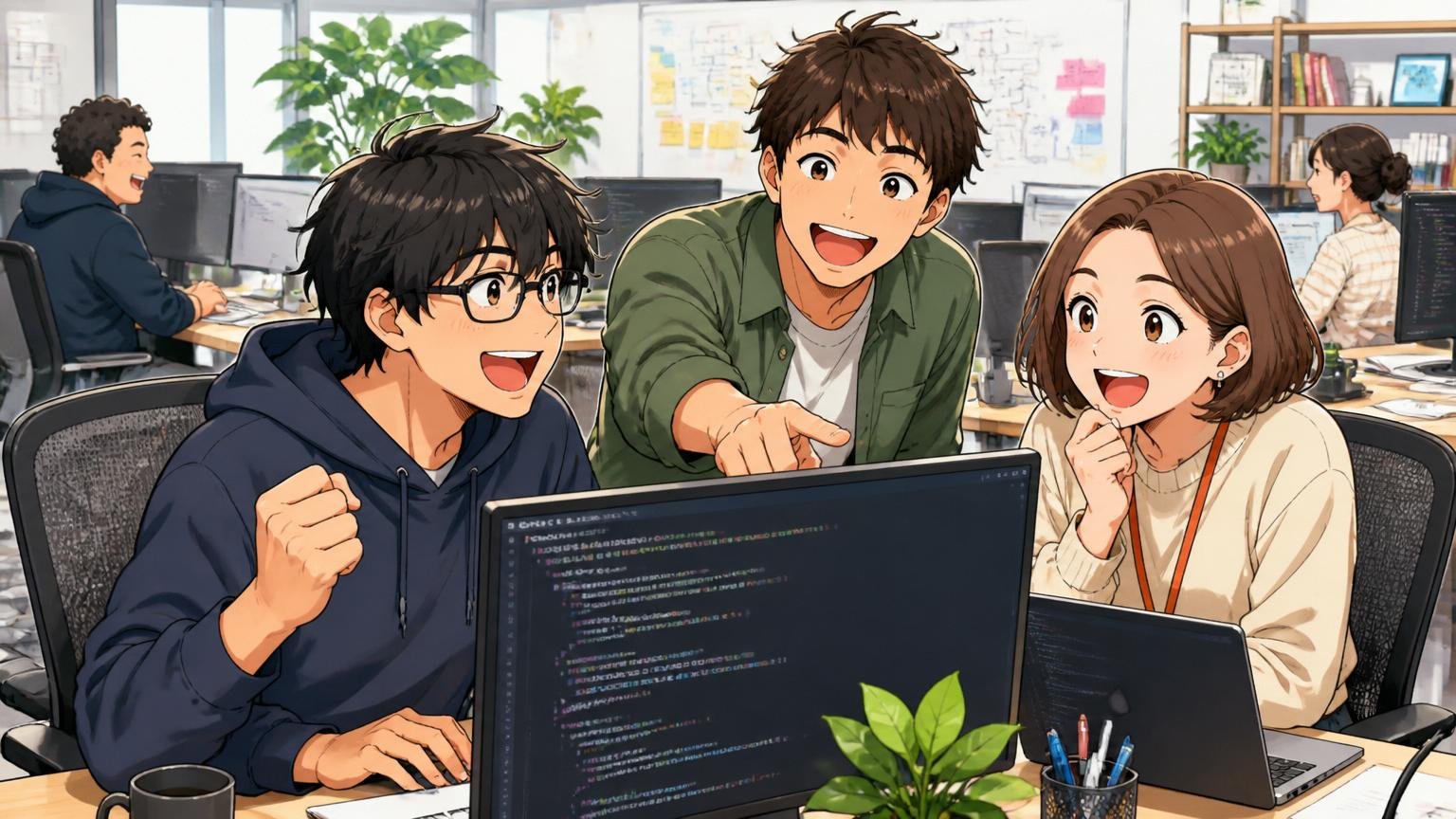 エンジニア・データサイエンティスト職の現実、Web系スタートアップのオフィスでコーディングする、20代後半男性2人と30代女性1人、楽しそうな表情
