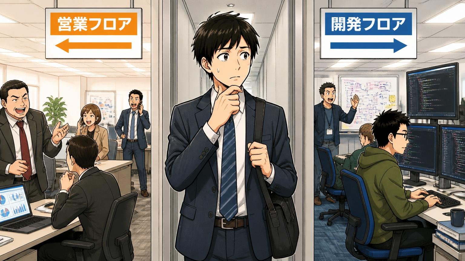 日系IT企業のオフィス通路で営業フロアと開発フロアの境目に立ち戸惑う20代後半男性求職者