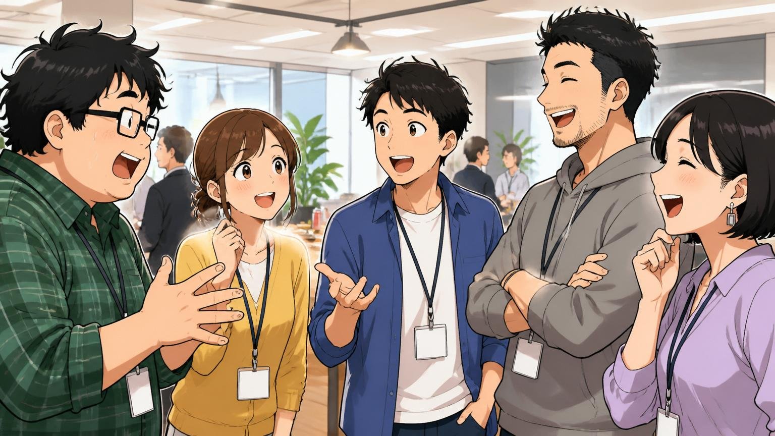 エンジニア仲間と和やかに話すスタッフ、IT企業の交流イベント、男女混合5人、明るい雰囲気