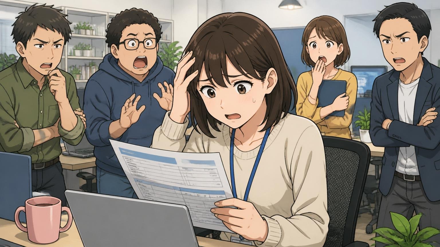 職種・雇用形態による給与差(営業・契約社員に厳しい声)。Web系スタートアップのオフィスで20代女性契約社員1人が、給与明細を見て困惑する表情