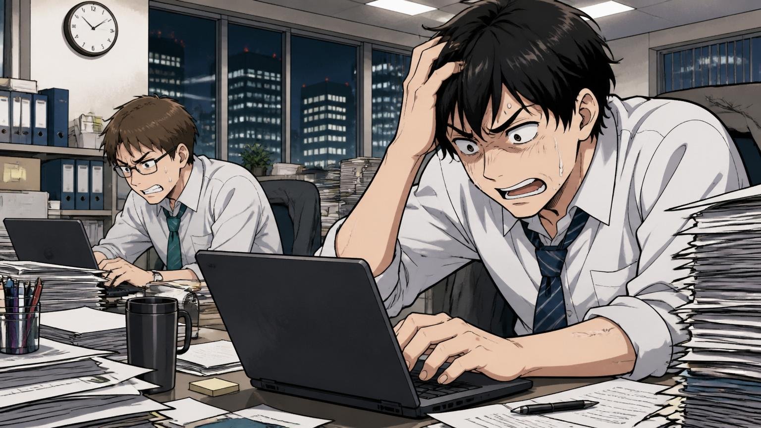 労働時間と業務量のアンバランス 都心のオフィスフロアで夜遅くまで残ってPC作業を続ける2人の社員