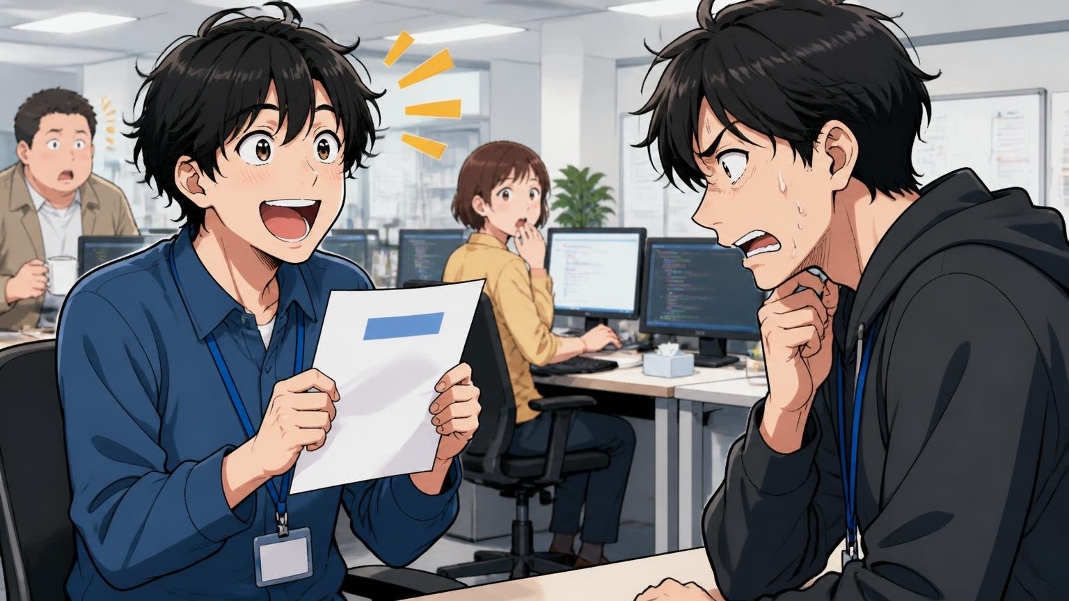 オフィスで配属辞令の通知を受けて表情が明暗に分かれる20代エンジニア2人が向かい合う場面