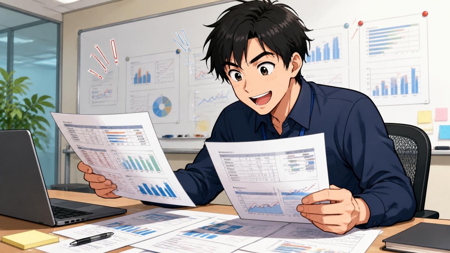 総合スコア3.16は同業界の上位15% IT企業の会議室でスコアシートを比較分析するエンジニア1人、納得した表情